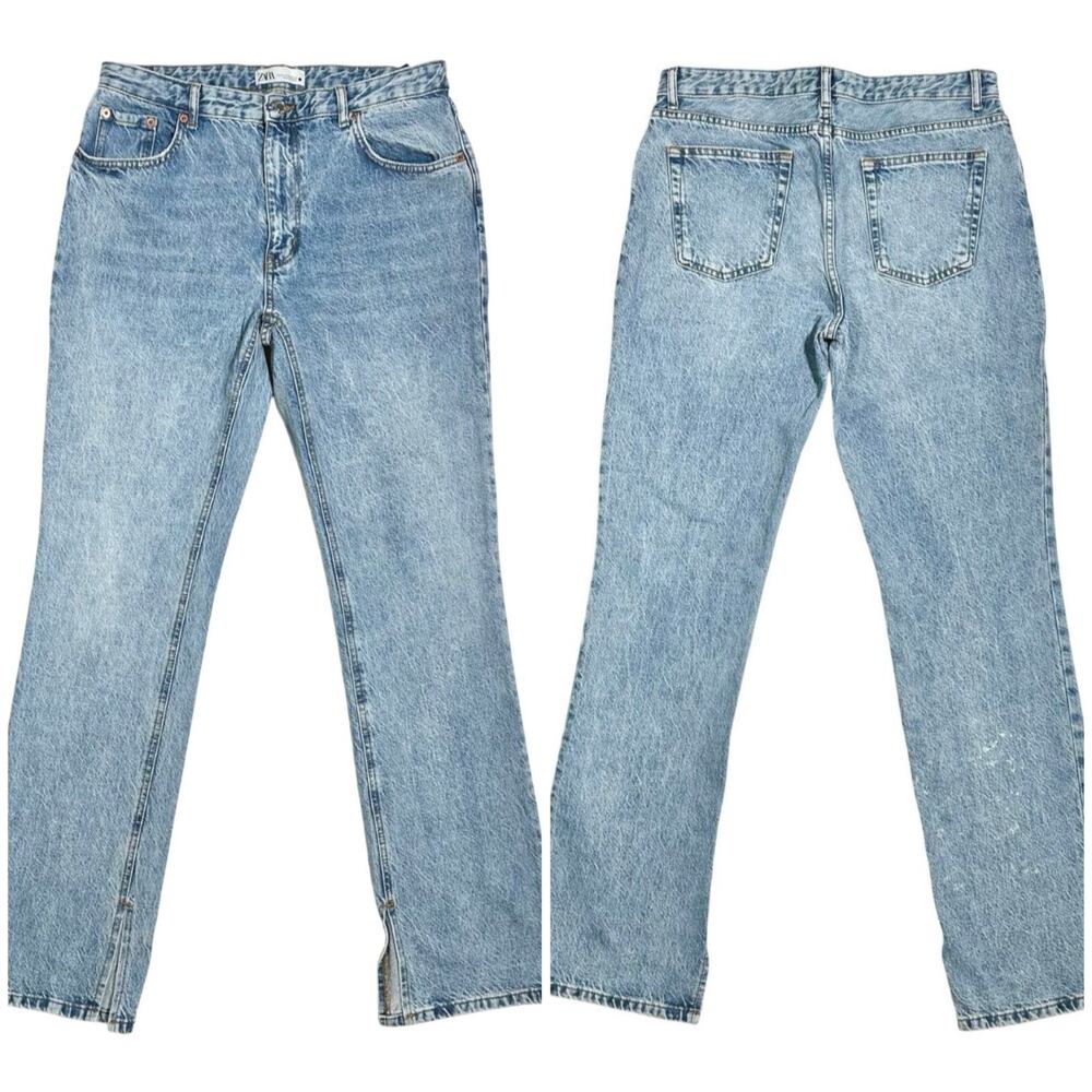 Zara | Women | Stone Wash High Rise Split Hem Straight Leg Denim Jeans | Sz 12